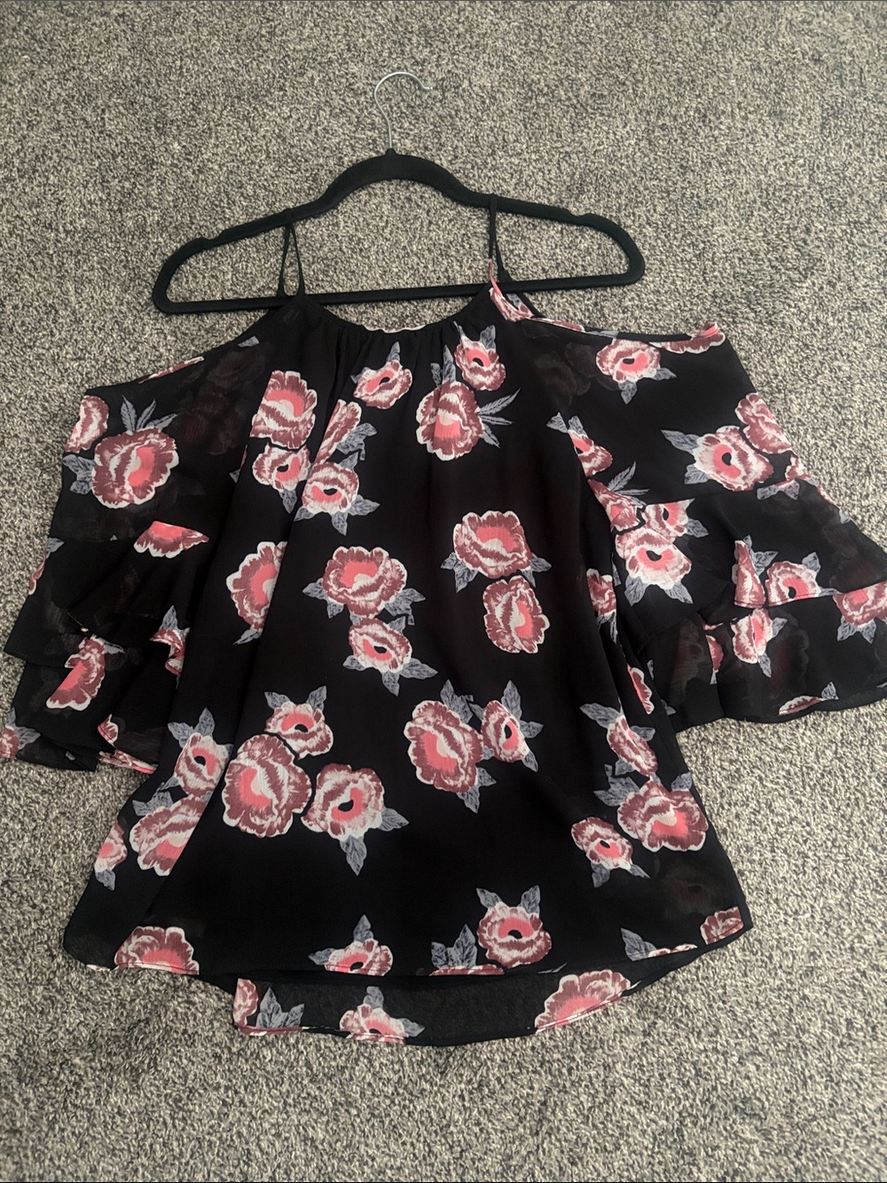 Premise Black Cold-Shoulder Blouse with Pink Floral Print